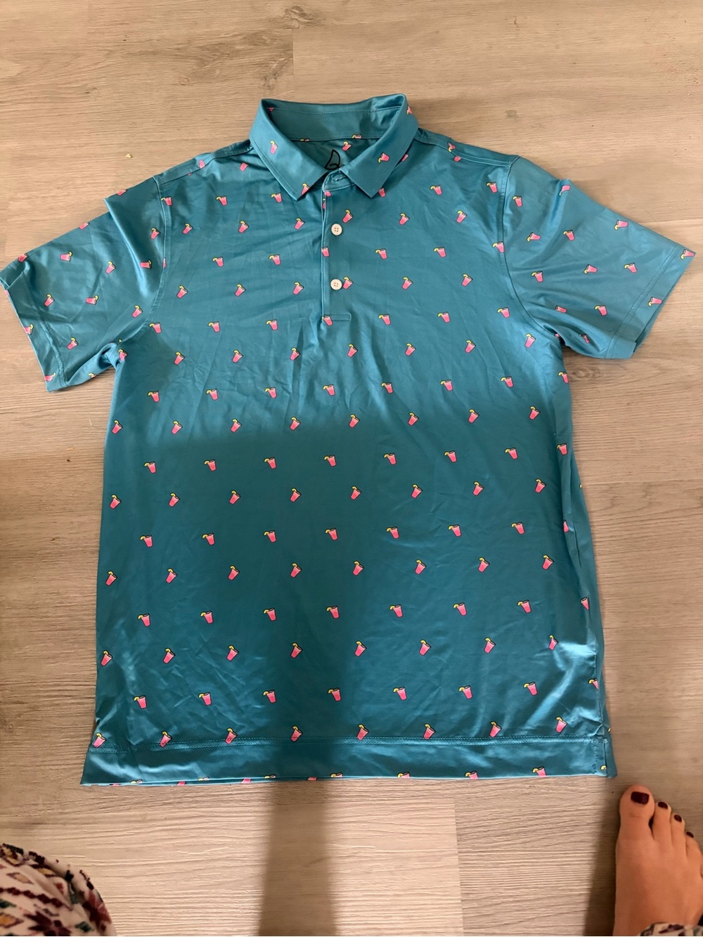 Teal Short-Sleeve Polo with Pink Micro-Pattern